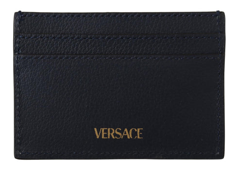 Versace Blue Calf Leather Card Holder Wallet